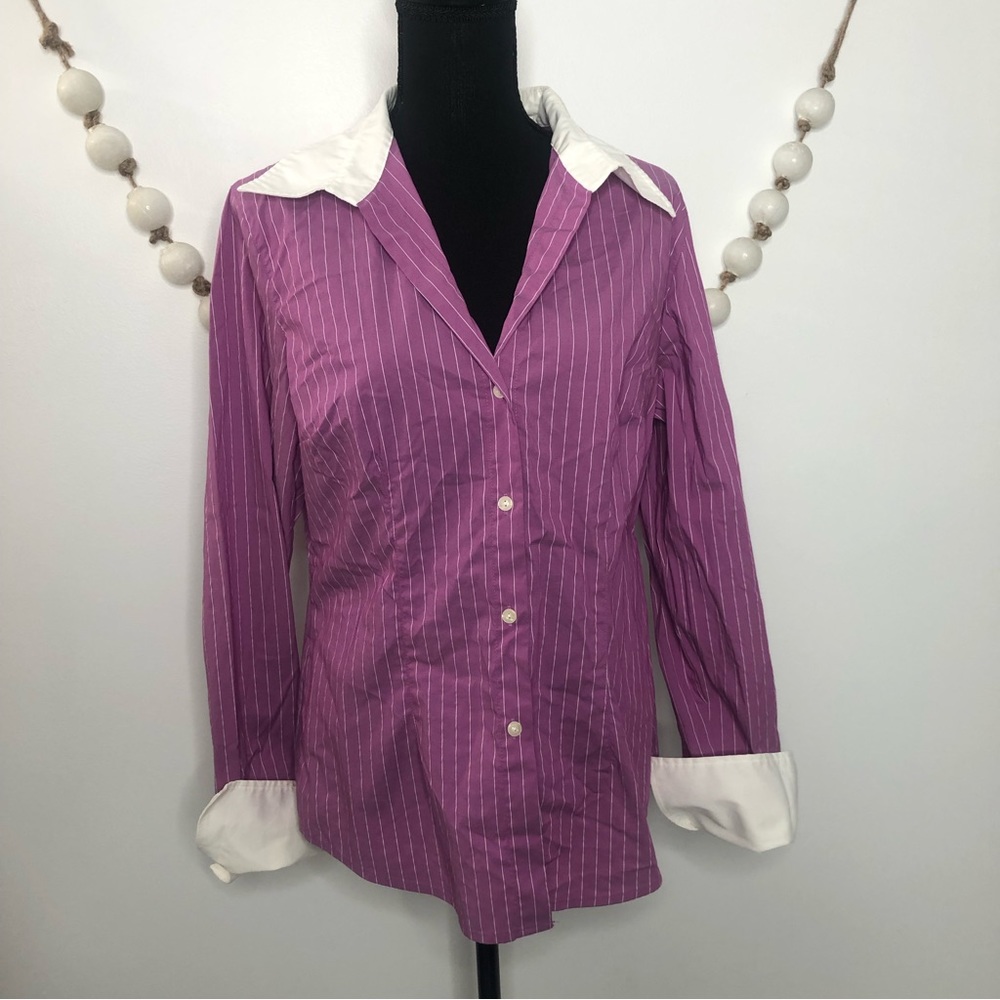 New York & Company Womens Button Up Pinstripe Blouse Purple white cuffs Large
